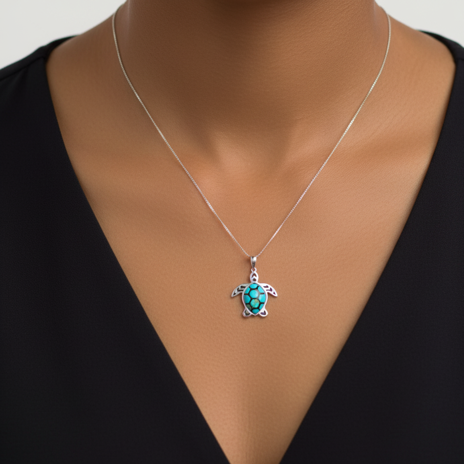 Sterling Silver Turquoise Turtle Pendant Necklace