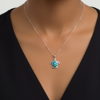 Sterling Silver Turquoise Turtle Pendant Necklace
