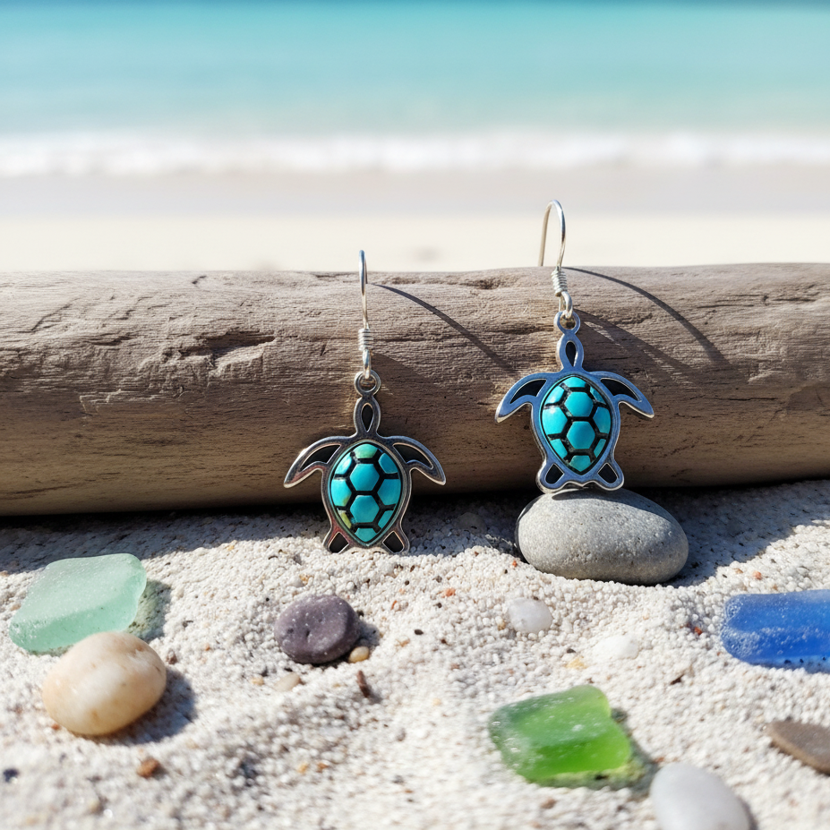 Sterling Silver Turquoise Sea Turtle Pendant & Earrings Jewelry Set