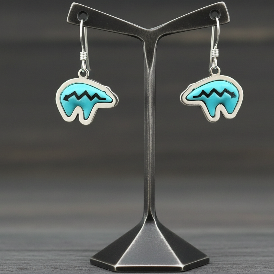Sterling Silver Turquoise Bear Heartline Pendant & Earrings Set