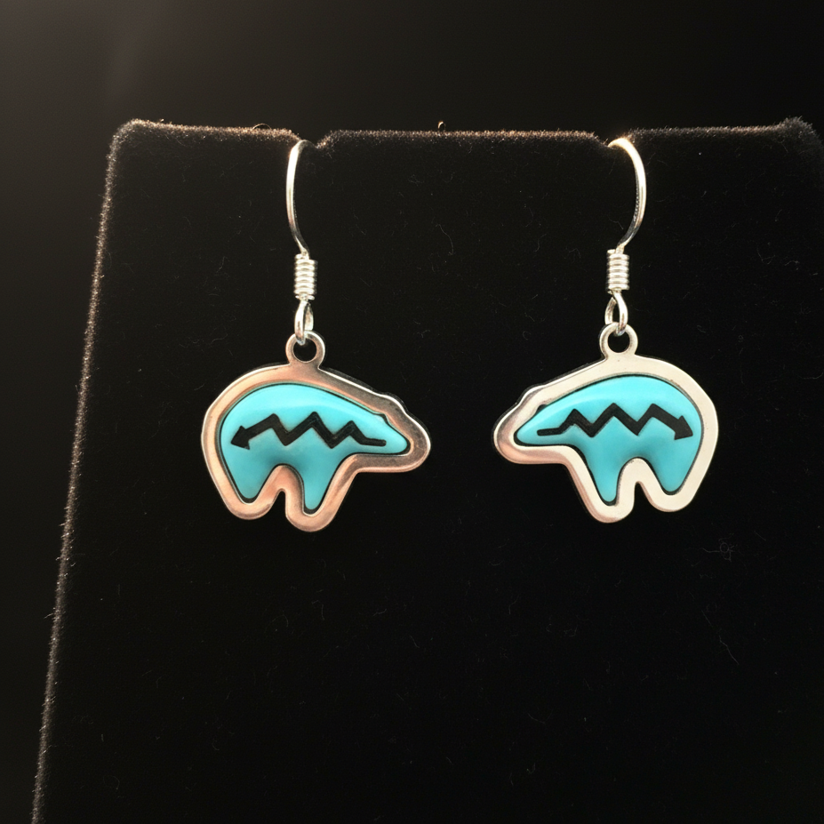 Sterling Silver Turquoise Bear Heartline Dangle Earrings