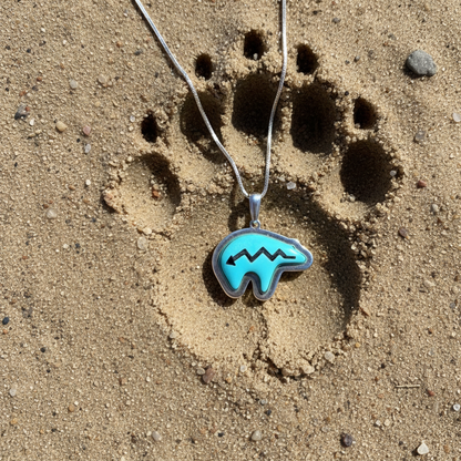 Sterling Silver Turquoise Bear Heartline Pendant & Earrings Set