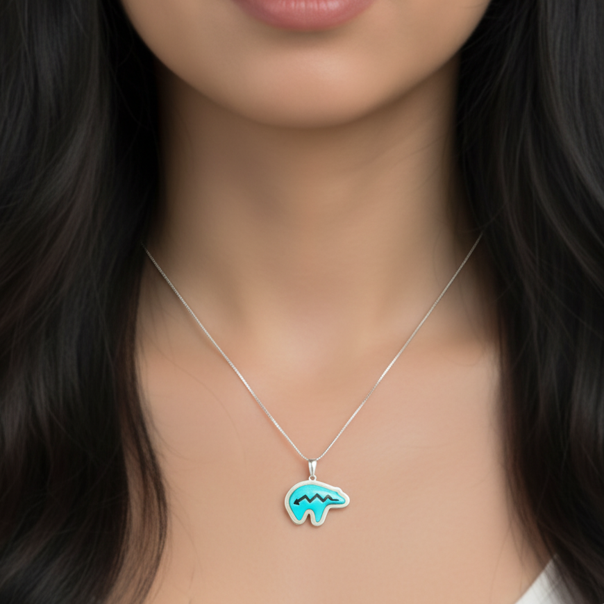 Sterling Silver Turquoise Bear Pendant Necklace