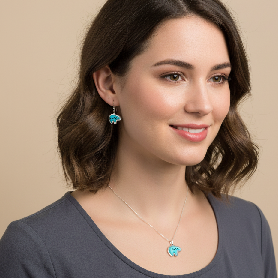 Sterling Silver Turquoise Bear Heartline Dangle Earrings