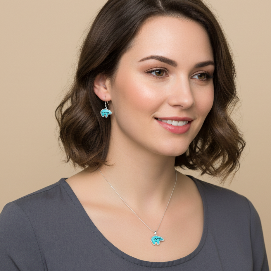 Sterling Silver Turquoise Bear Heartline Pendant & Earrings Set