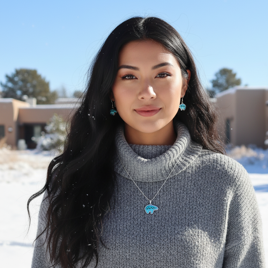 Sterling Silver Turquoise Bear Heartline Pendant & Earrings Set