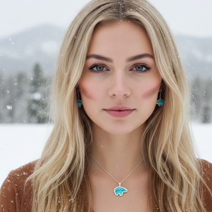 Sterling Silver Turquoise Bear Heartline Pendant & Earrings Set