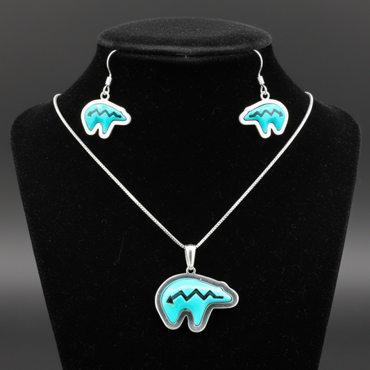 Sterling Silver Turquoise Bear Heartline Pendant & Earrings Set
