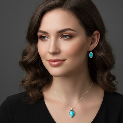 Sterling Silver Turquoise Arrowhead Pendant & Earrings Jewelry Set