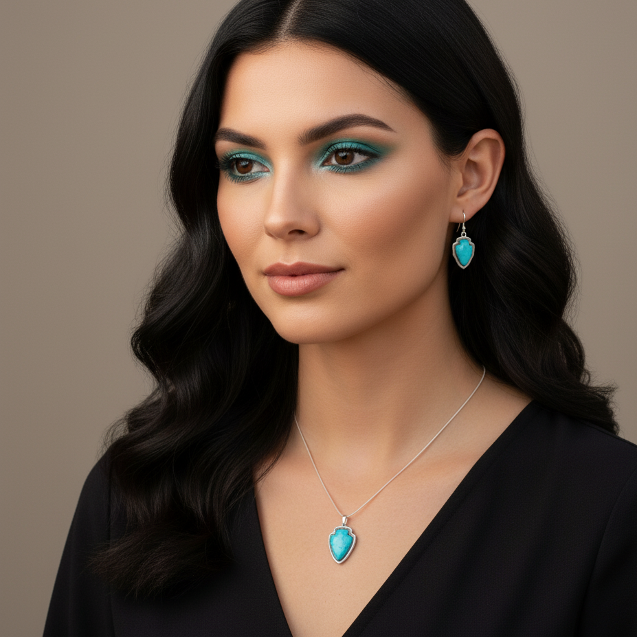 Sterling Silver Turquoise Arrowhead Pendant & Earrings Jewelry Set