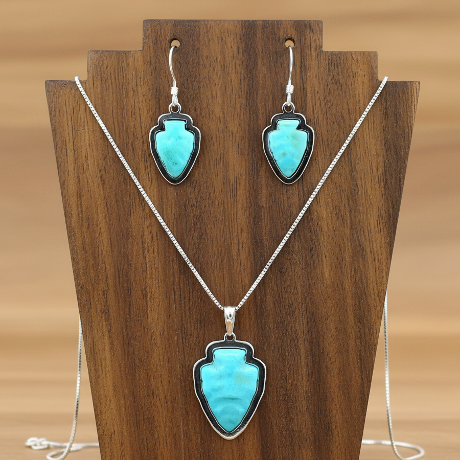 Sterling Silver Turquoise Arrowhead Pendant & Earrings Jewelry Set