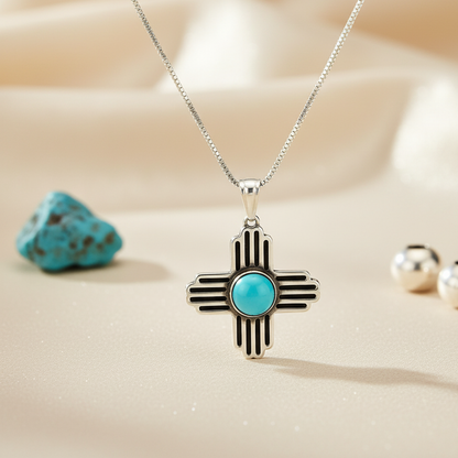 Sterling Silver Turquoise Zia Sun Pendant Necklace