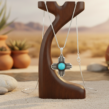 Sterling Silver Turquoise Zia Sun Pendant Necklace