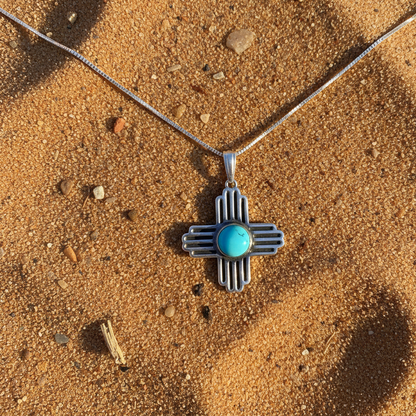 Sterling Silver Turquoise Zia Sun Pendant Necklace