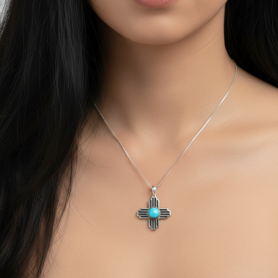 Sterling Silver Turquoise Zia Sun Pendant Necklace