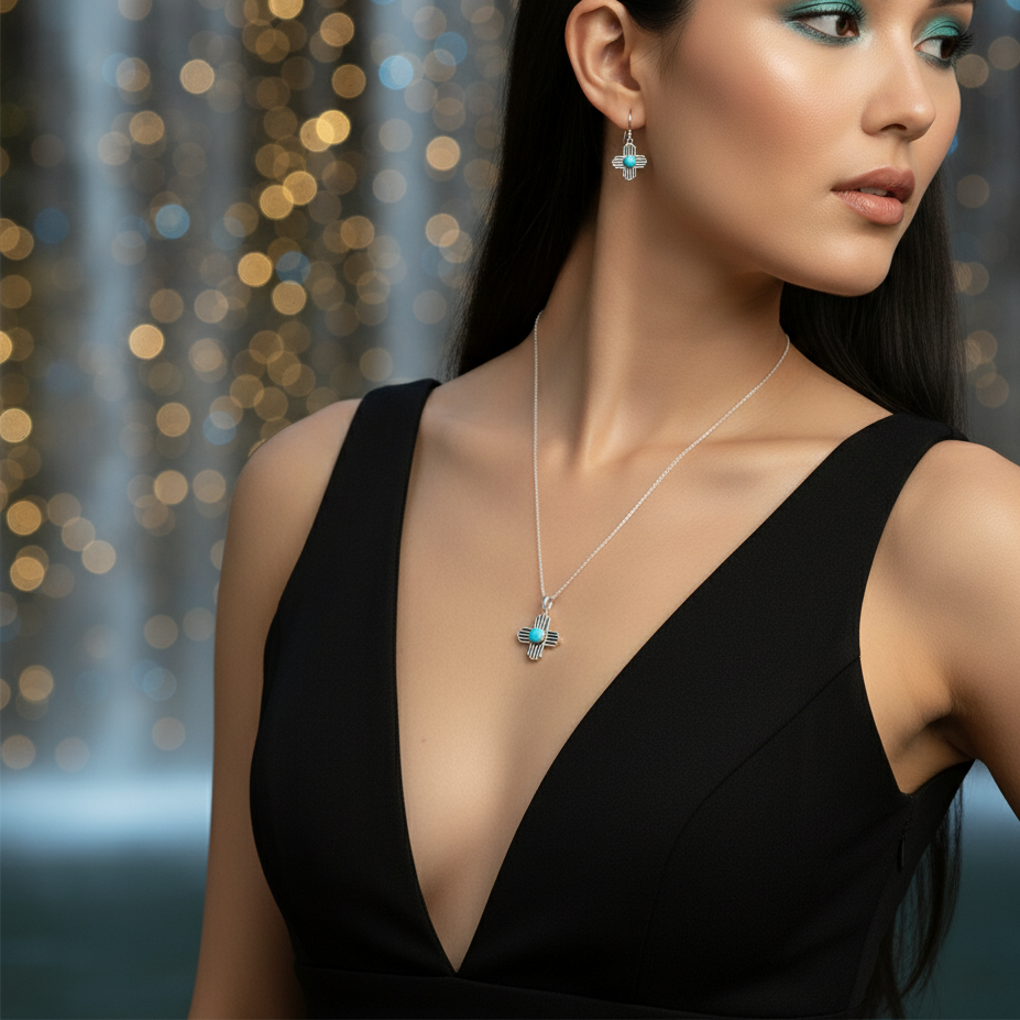 Sterling Silver Turquoise Zia Sun Dangle Earrings