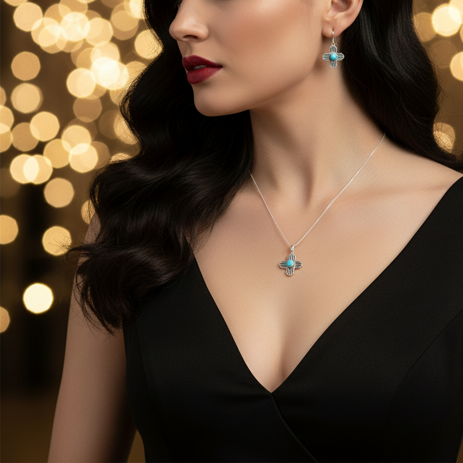 Sterling Silver Turquoise Zia Sun Pendant & Earrings Jewelry Set