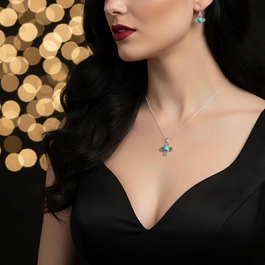 Sterling Silver Turquoise Zia Sun Pendant Necklace