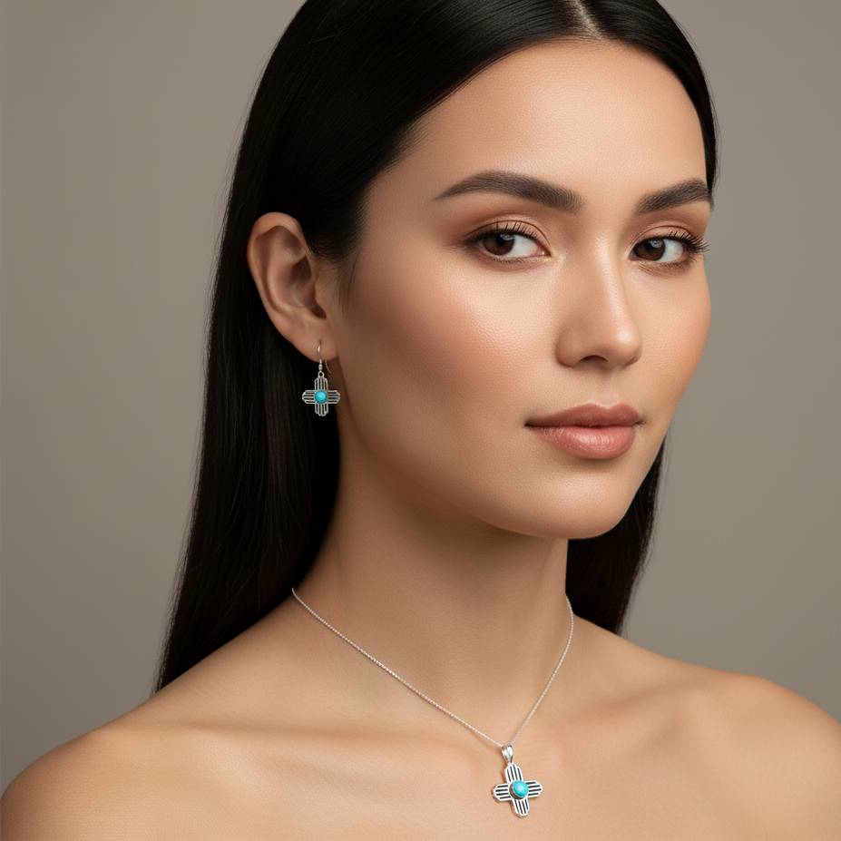 Sterling Silver Turquoise Zia Sun Pendant & Earrings Jewelry Set