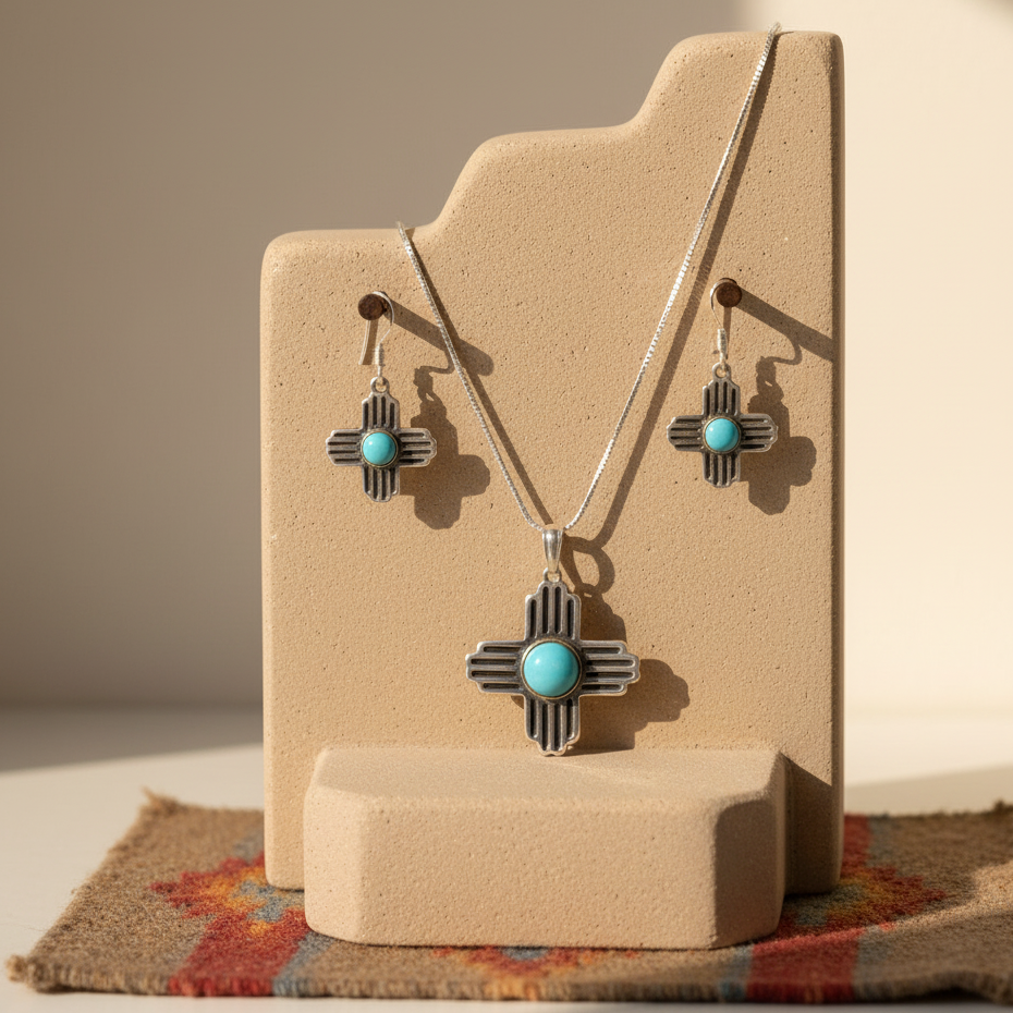 Sterling Silver Turquoise Zia Sun Pendant & Earrings Jewelry Set