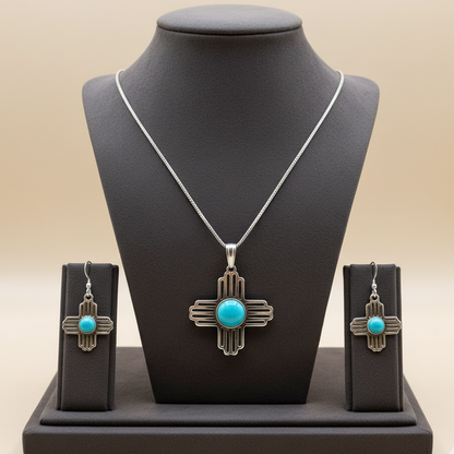 Sterling Silver Turquoise Zia Sun Pendant & Earrings Jewelry Set