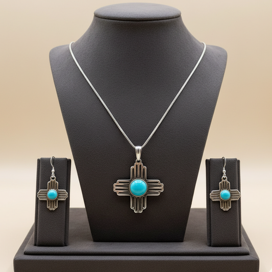 Sterling Silver Turquoise Zia Sun Pendant & Earrings Jewelry Set