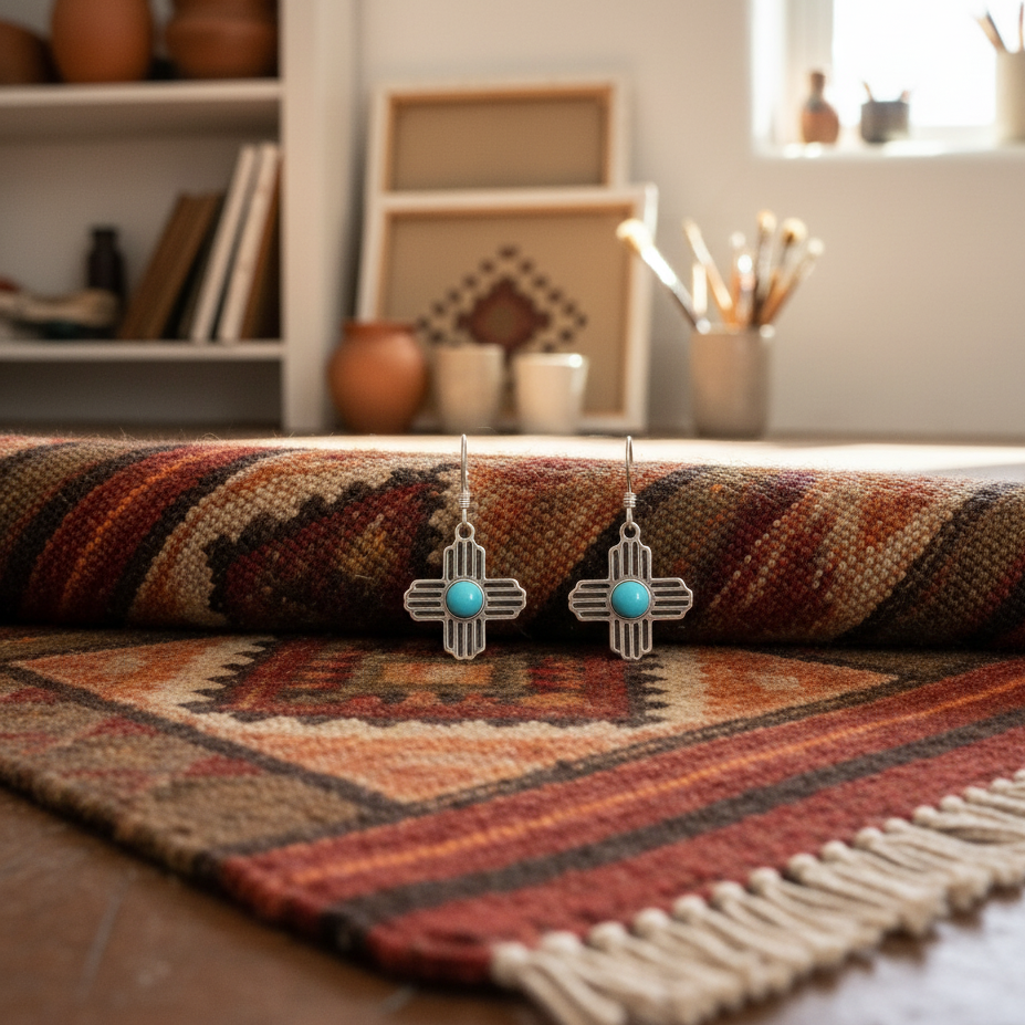 Sterling Silver Turquoise Zia Sun Dangle Earrings