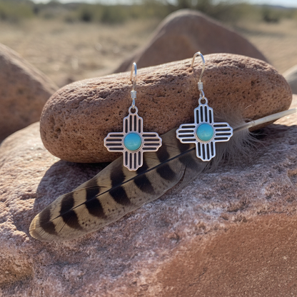 Sterling Silver Turquoise Zia Sun Dangle Earrings