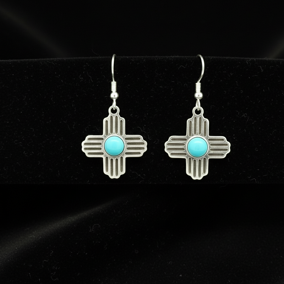 Sterling Silver Turquoise Zia Sun Pendant & Earrings Jewelry Set