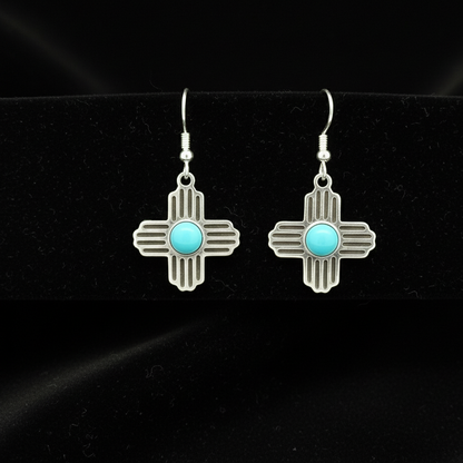 Sterling Silver Turquoise Zia Sun Pendant & Earrings Jewelry Set