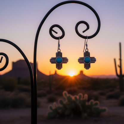Sterling Silver Turquoise Zia Sun Dangle Earrings