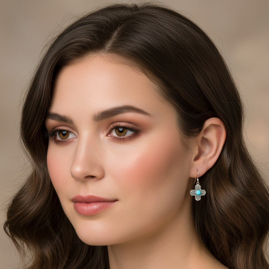 Sterling Silver Turquoise Zia Sun Dangle Earrings