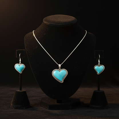 Sterling Silver Turquoise Heart Pendant & Earrings Jewelry Set