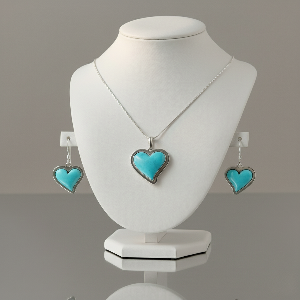 Sterling Silver Turquoise Heart Pendant & Earrings Jewelry Set
