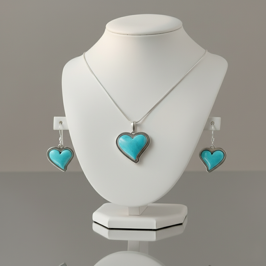 Sterling Silver Turquoise Heart Pendant & Earrings Jewelry Set
