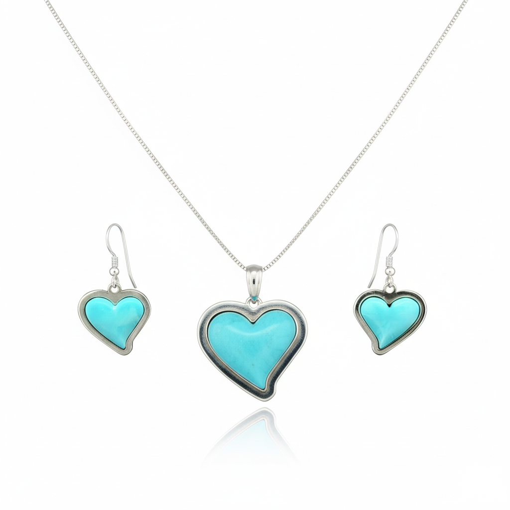 Sterling Silver Turquoise Heart Pendant & Earrings Jewelry Set