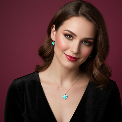 Sterling Silver Turquoise Heart Pendant & Earrings Jewelry Set