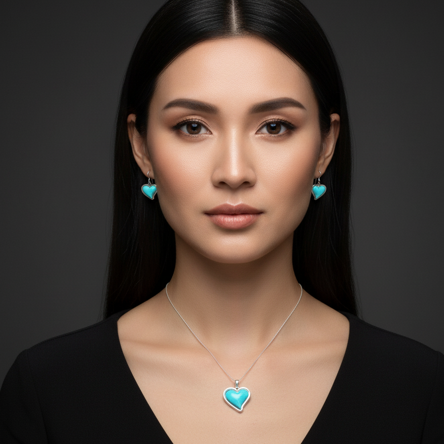 Sterling Silver Turquoise Heart Pendant & Earrings Jewelry Set
