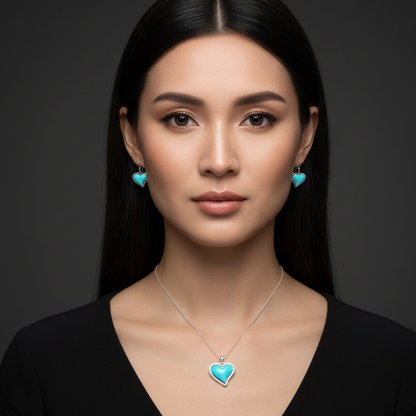 Sterling Silver Turquoise Heart Pendant & Earrings Jewelry Set