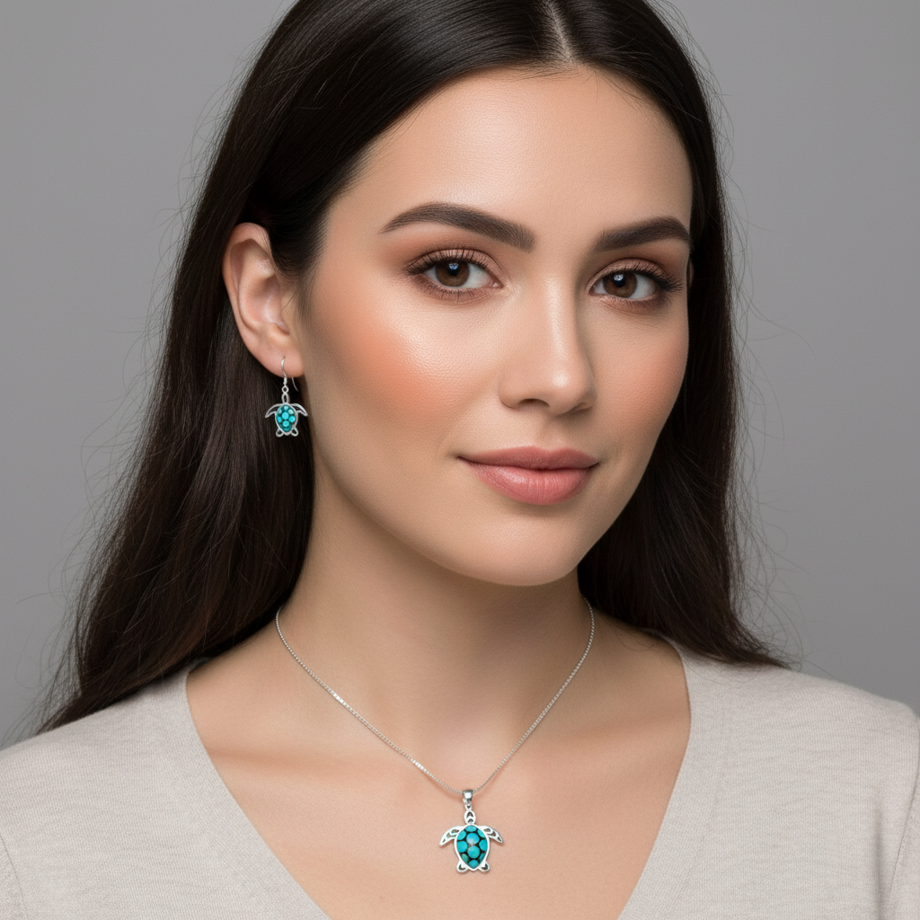 Sterling Silver Turquoise Sea Turtle Pendant & Earrings Jewelry Set