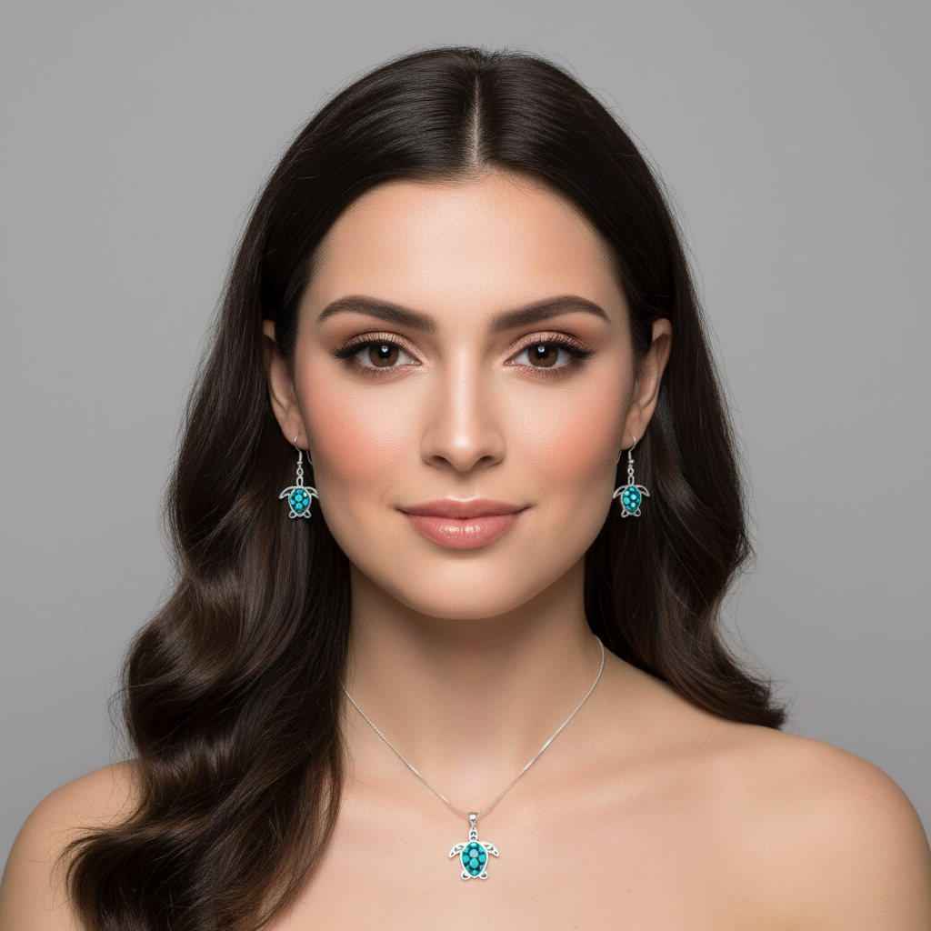 Sterling Silver Turquoise Sea Turtle Pendant & Earrings Jewelry Set
