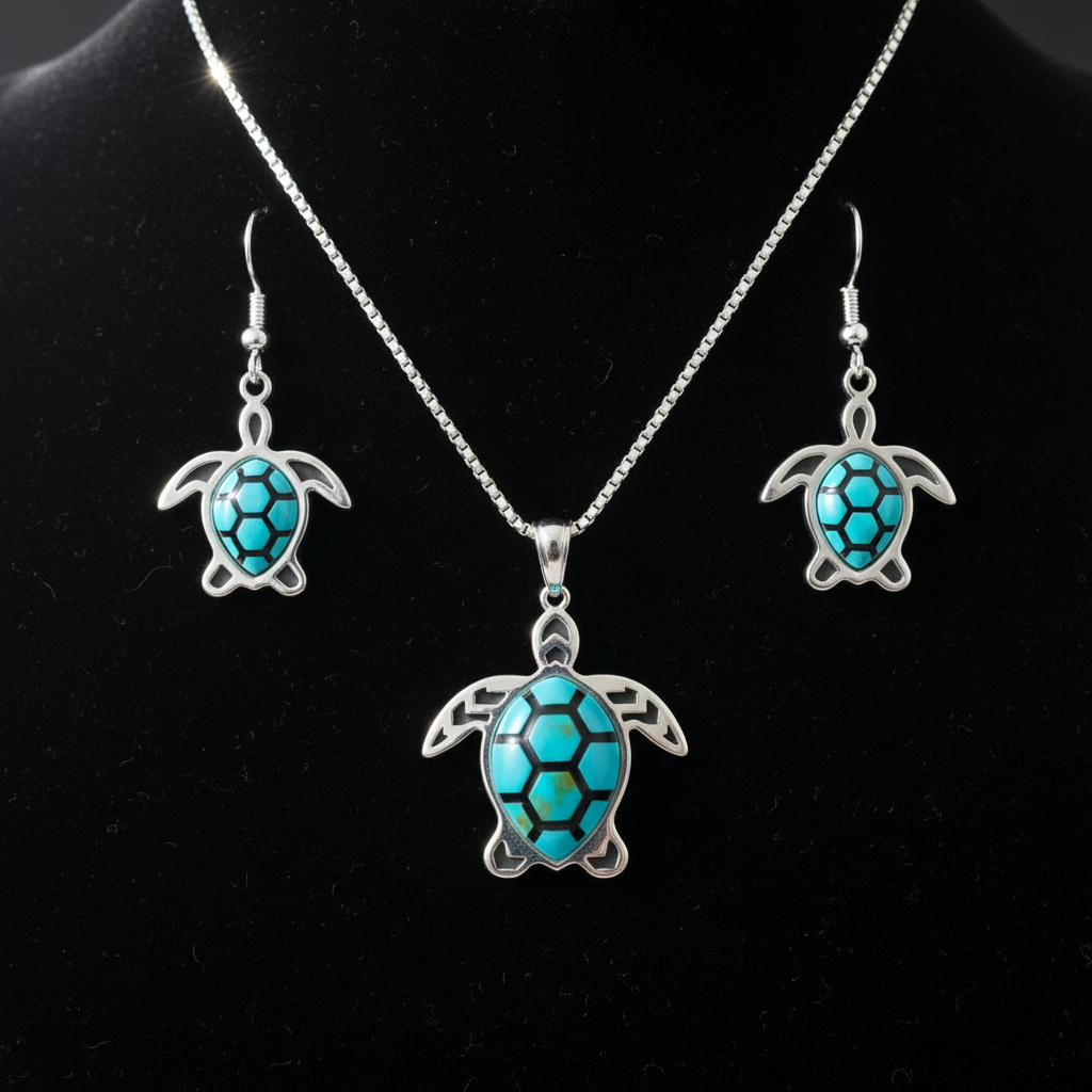 Sterling Silver Turquoise Sea Turtle Pendant & Earrings Jewelry Set