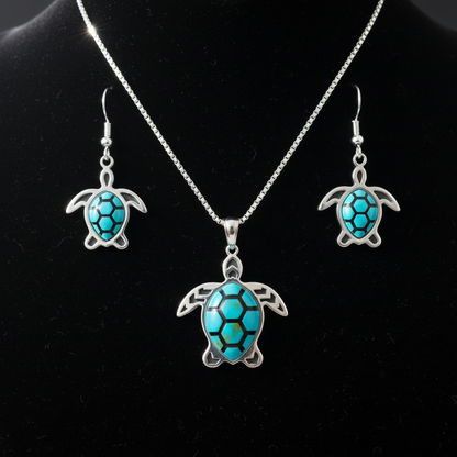 Sterling Silver Turquoise Sea Turtle Pendant & Earrings Jewelry Set