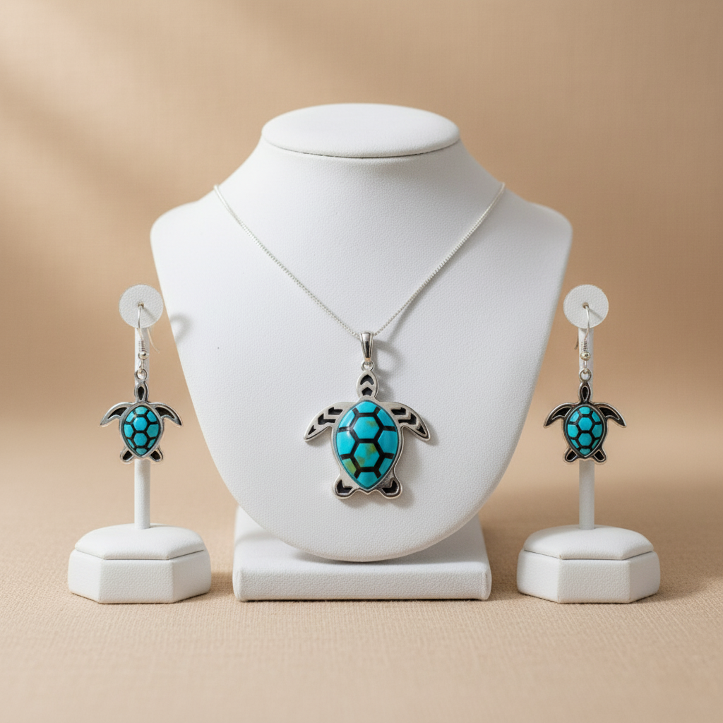 Sterling Silver Turquoise Sea Turtle Pendant & Earrings Jewelry Set