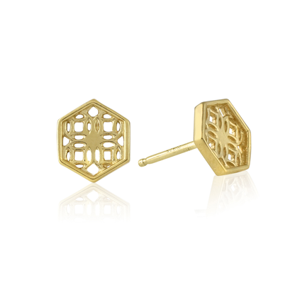 Gold Hexagon Lace Filigree Stud Earrings