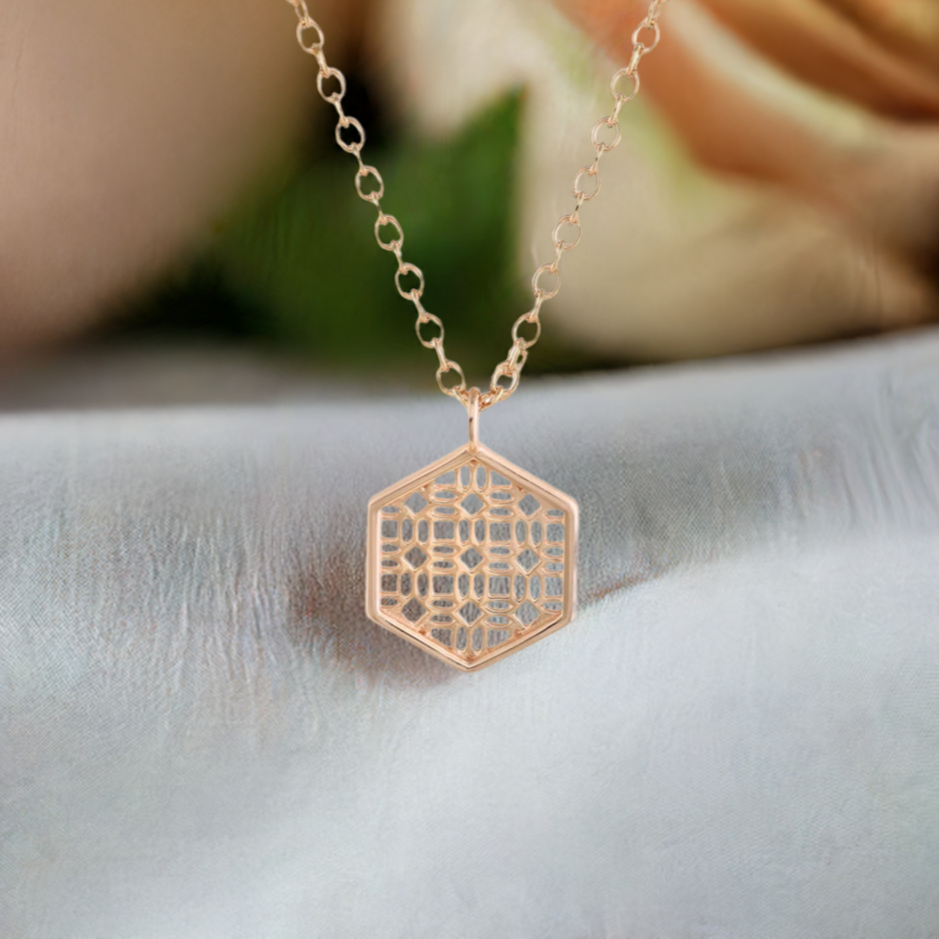 Rose Gold Necklace with Hexagon Lace Filigree