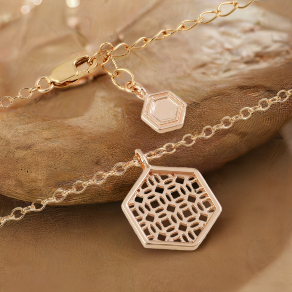 Rose Gold Necklace with Hexagon Lace Filigree