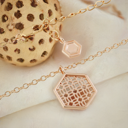 Rose Gold Necklace with Hexagon Lace Filigree