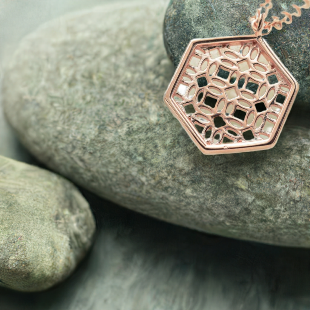 Rose Gold Necklace with Hexagon Lace Filigree