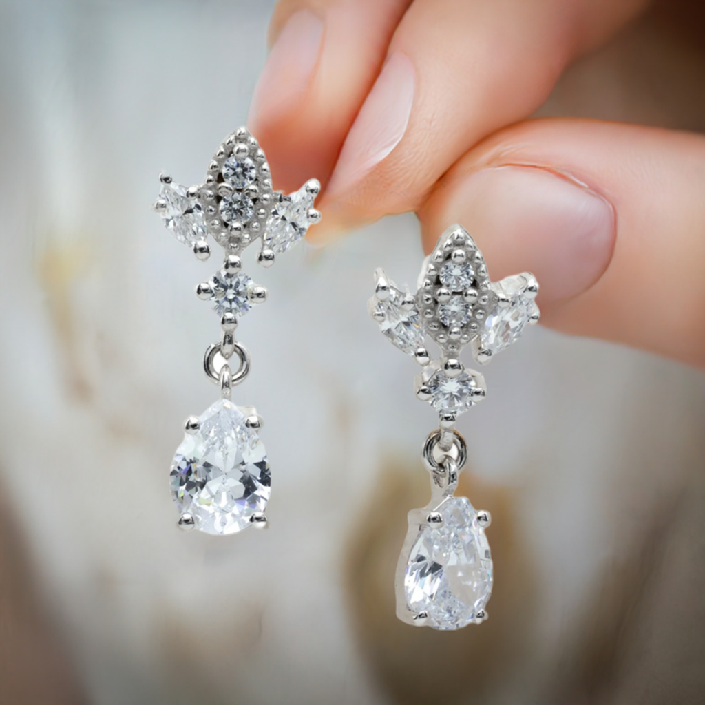 Silver Antique Chandelier CZ Teardrop Earrings